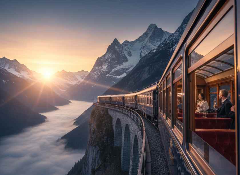 A grand train crossing the Swiss Alps in winter